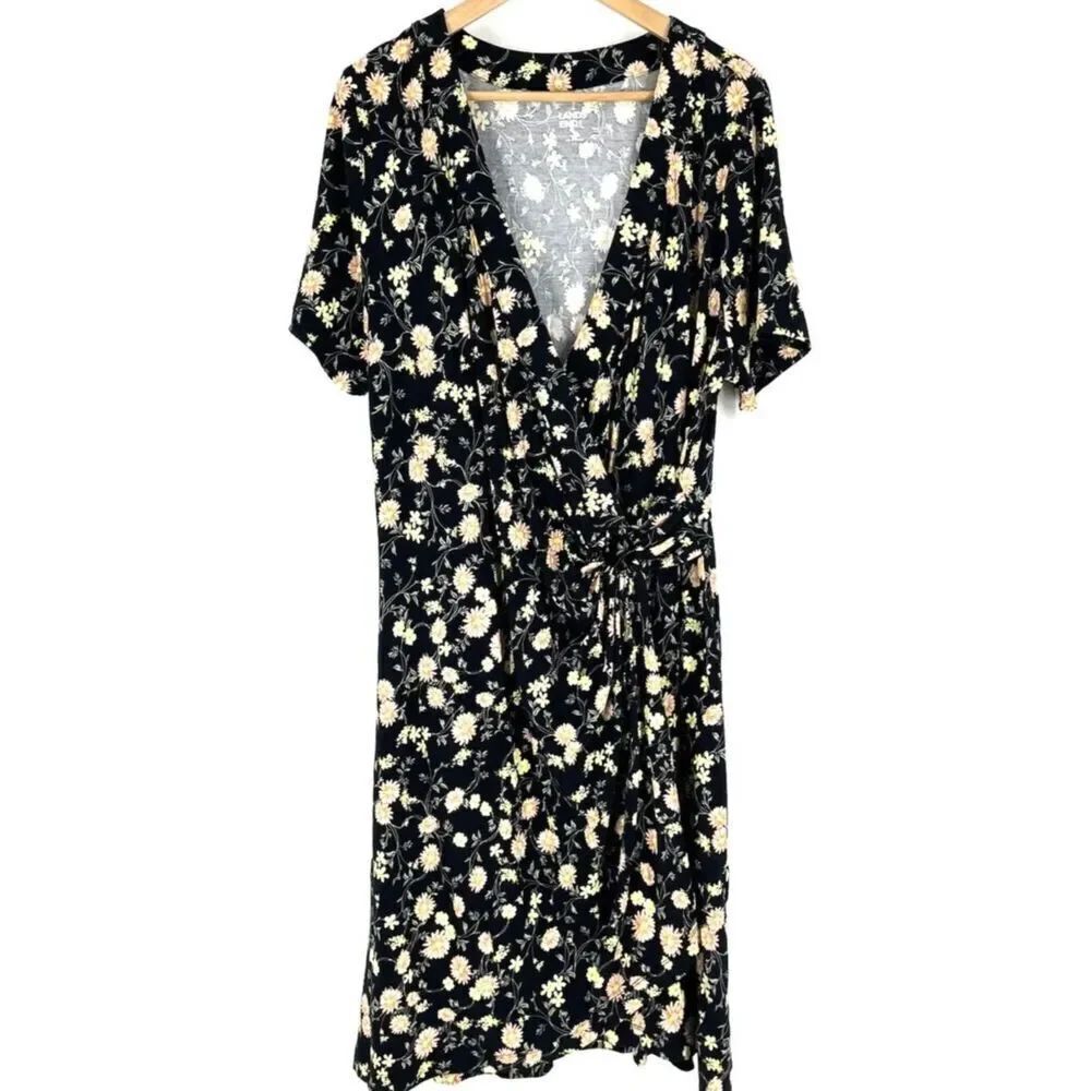 Lands End Dress Size Medium Womens Black Floral Faux Wrap Sleeve Knit (PF)